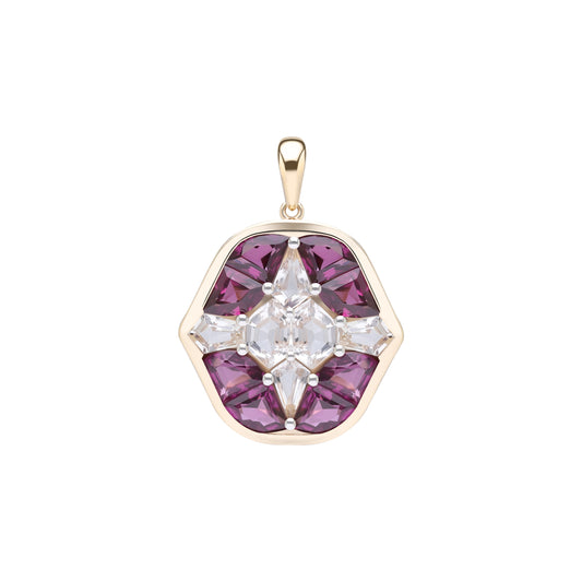 Puzzle: Rhodolite and White Topaz Multi-Shape 4-Prong Pendant in 18K Yellow Gold