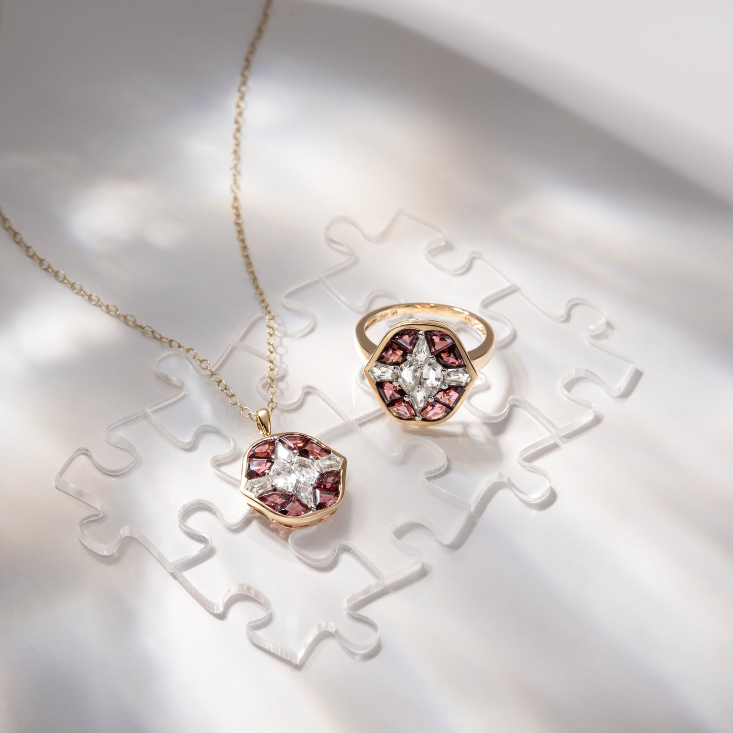 Puzzle: Rhodolite and White Topaz Multi-Shape 4-Prong Statement Ring in 18K Yellow Gold