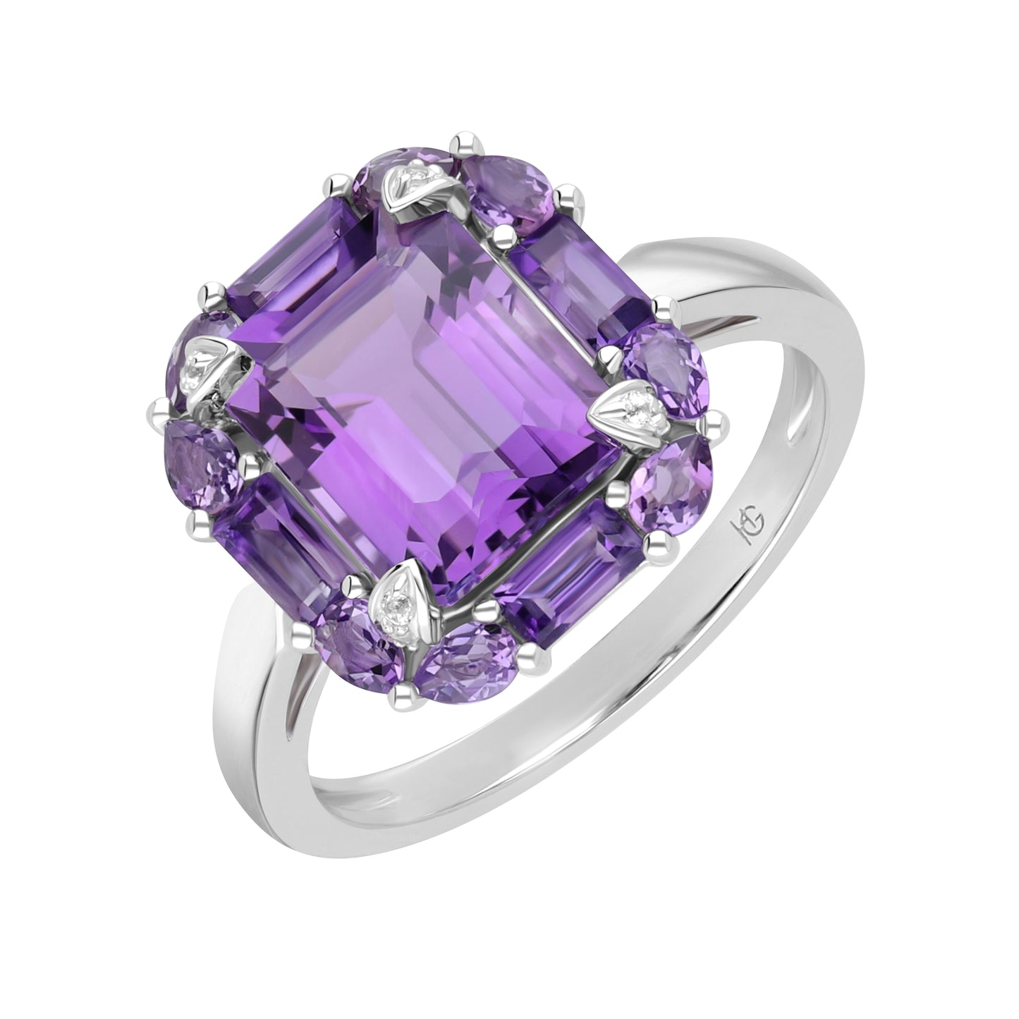 Novalty: Amethyst Octagon Cut Statement Ring with White Topaz Accents in 18K White Gold