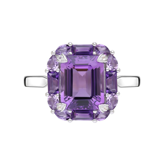 Novalty: Amethyst Octagon Cut Statement Ring with White Topaz Accents in 18K White Gold