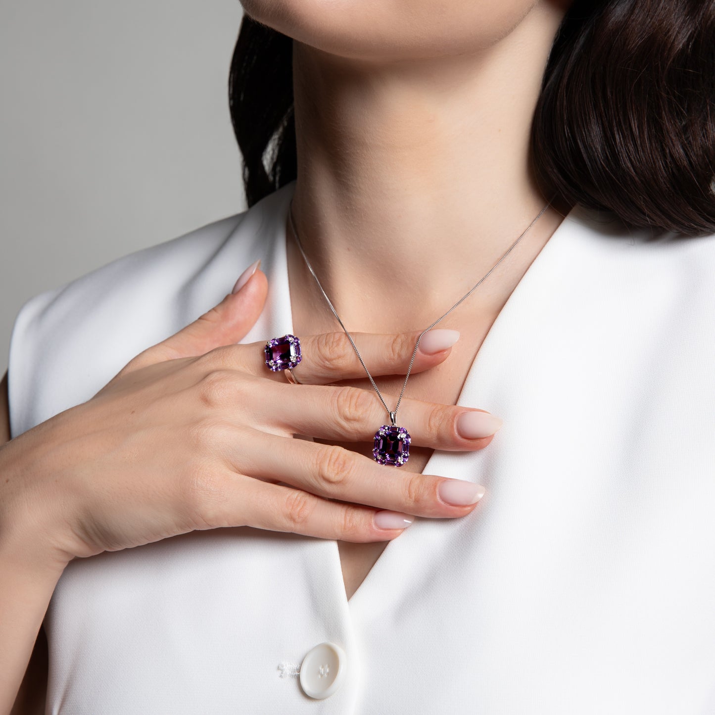 Novalty: Amethyst Octagon Cut Statement Ring with White Topaz Accents in 18K White Gold