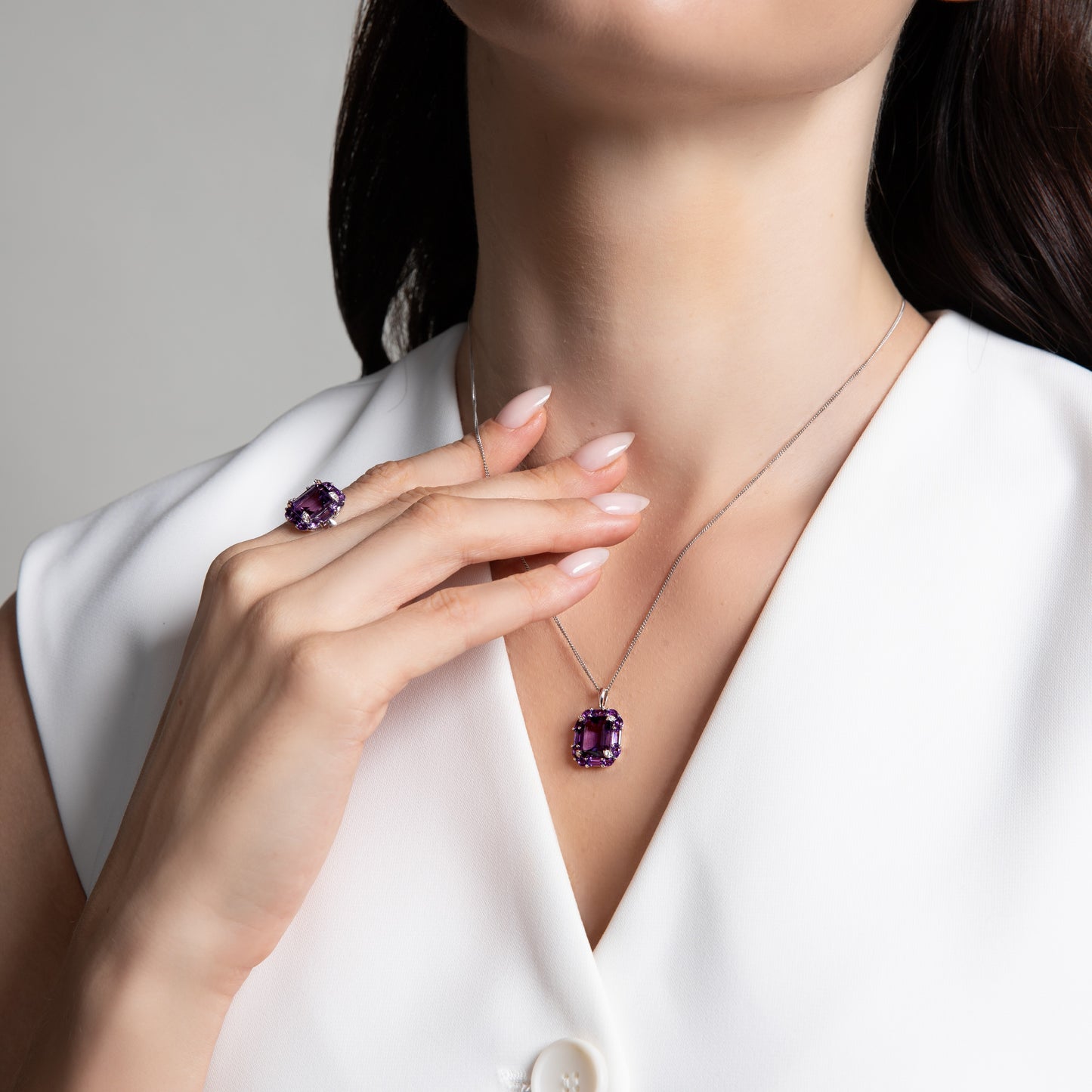 Novalty: Amethyst Octagon Cut Pendant with White Topaz Accents in 18K White Gold