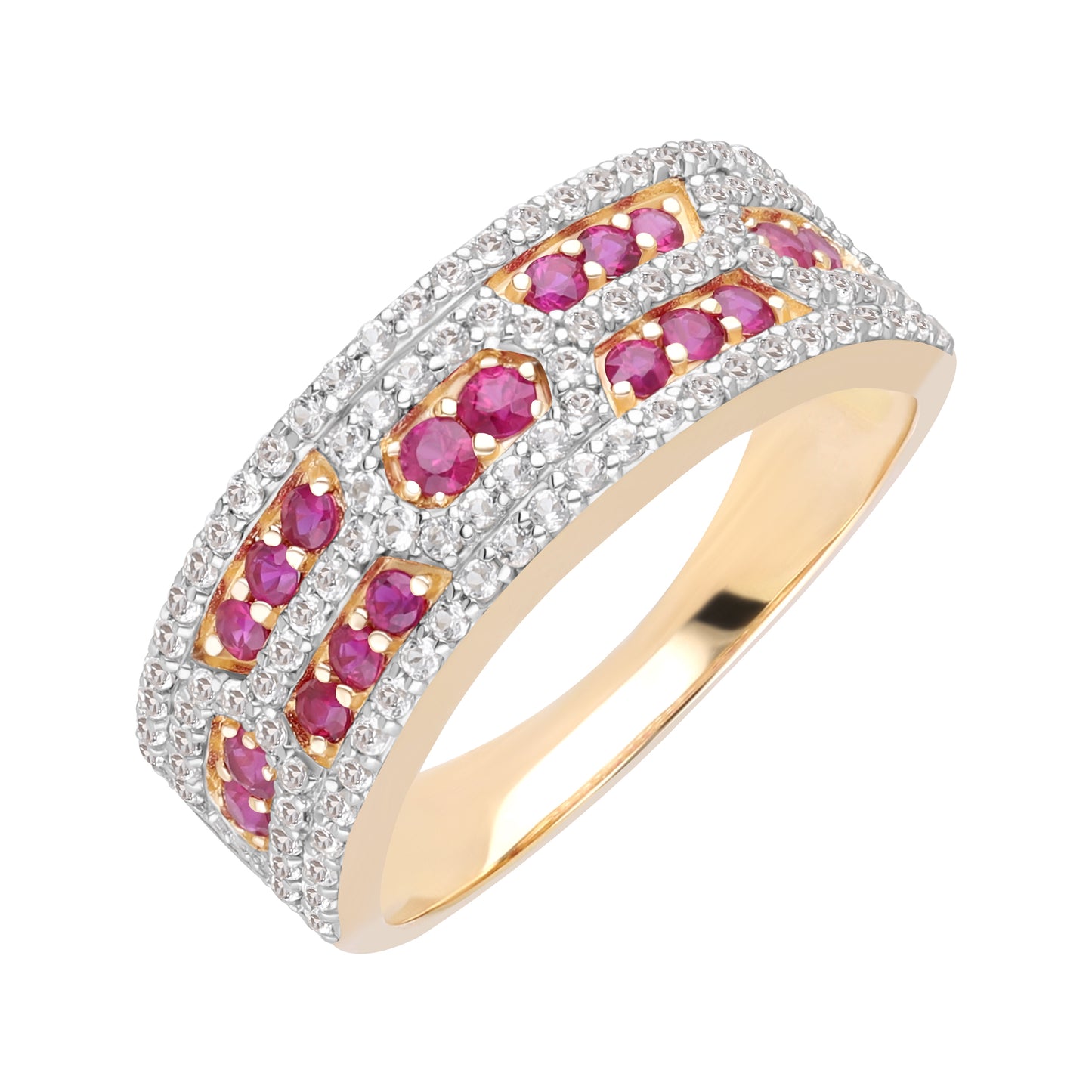 Novalty: Ruby Round Cut and White Topaz Band Ring in 18K Yellow Gold