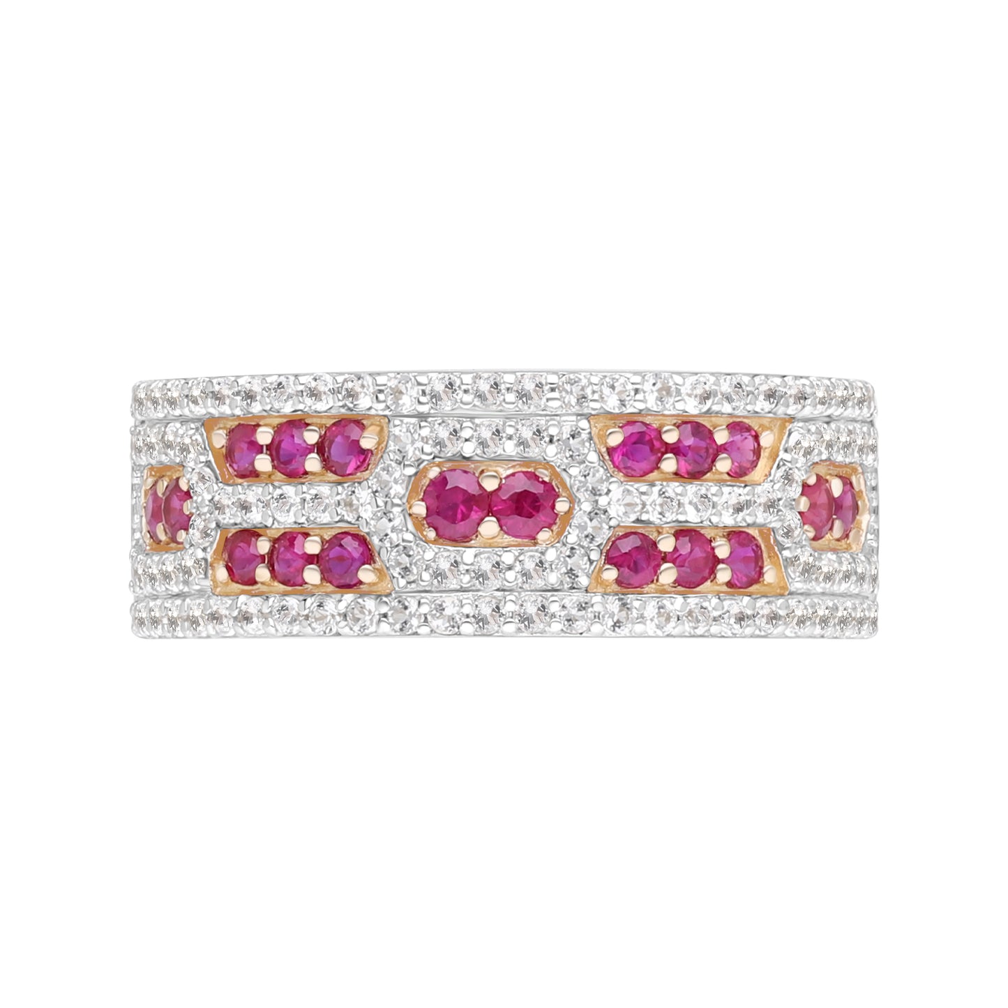 Novalty: Ruby Round Cut and White Topaz Band Ring in 18K Yellow Gold