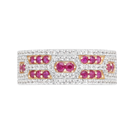 Novalty: Ruby Round Cut and White Topaz Band Ring in 18K Yellow Gold