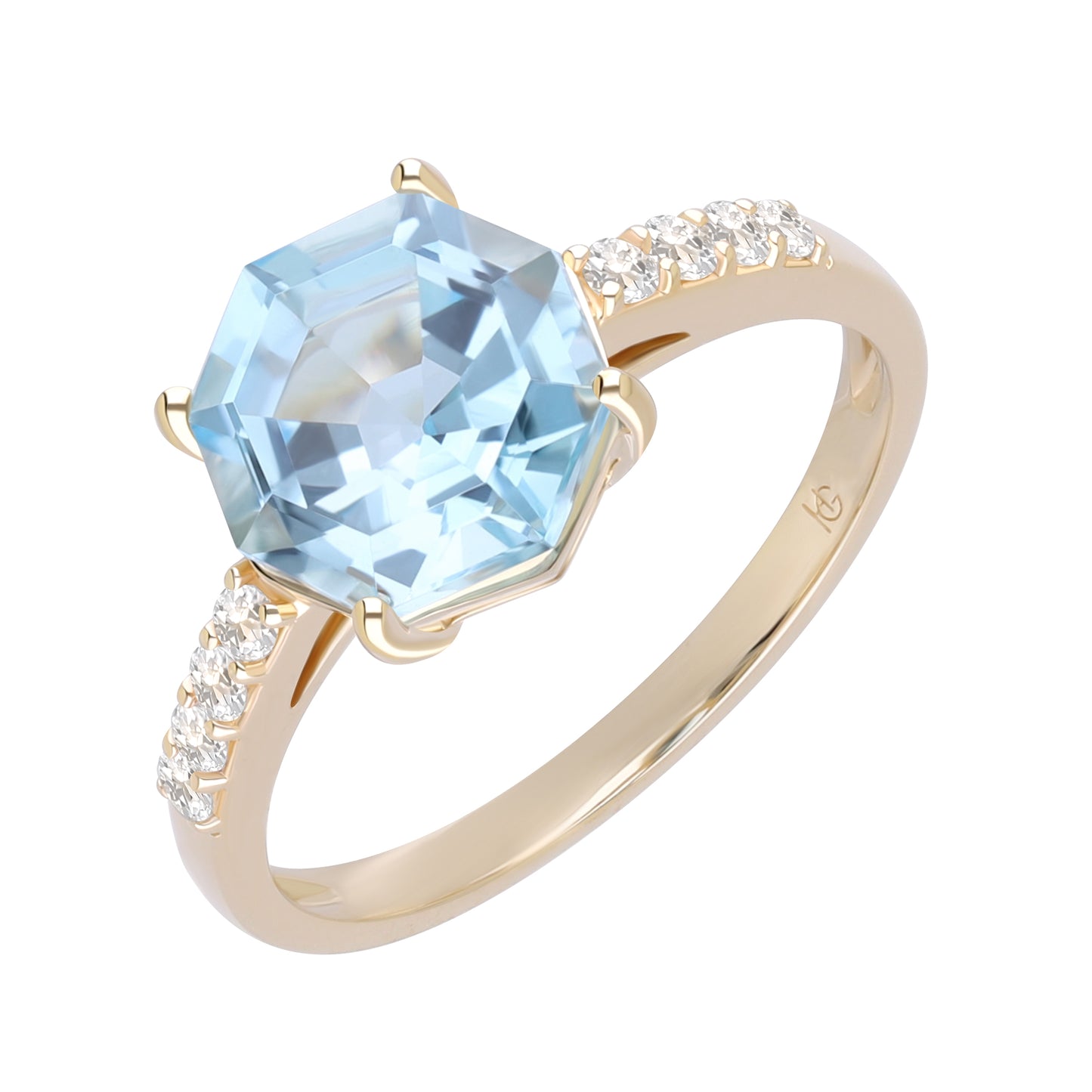 Novalty: Light Blue Topaz Round Cut 4-Prong Solitaire Ring with White Topaz Shoulders in 18K Yellow Gold