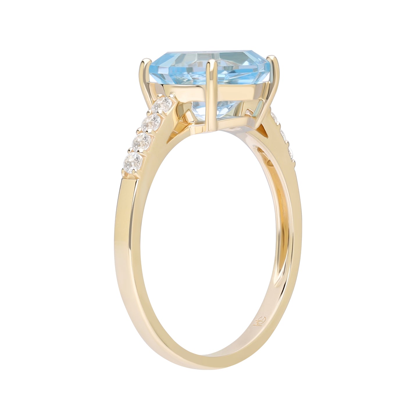 Novalty: Light Blue Topaz Round Cut 4-Prong Solitaire Ring with White Topaz Shoulders in 18K Yellow Gold