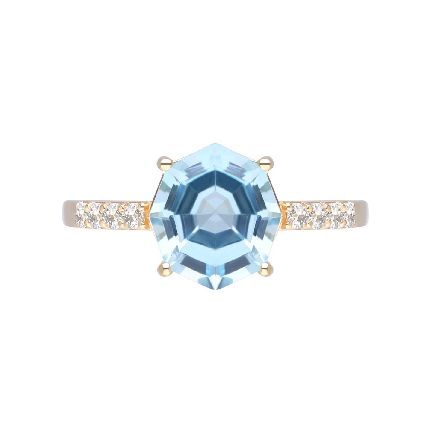 Novalty: Light Blue Topaz Round Cut 4-Prong Solitaire Ring with White Topaz Shoulders in 18K Yellow Gold