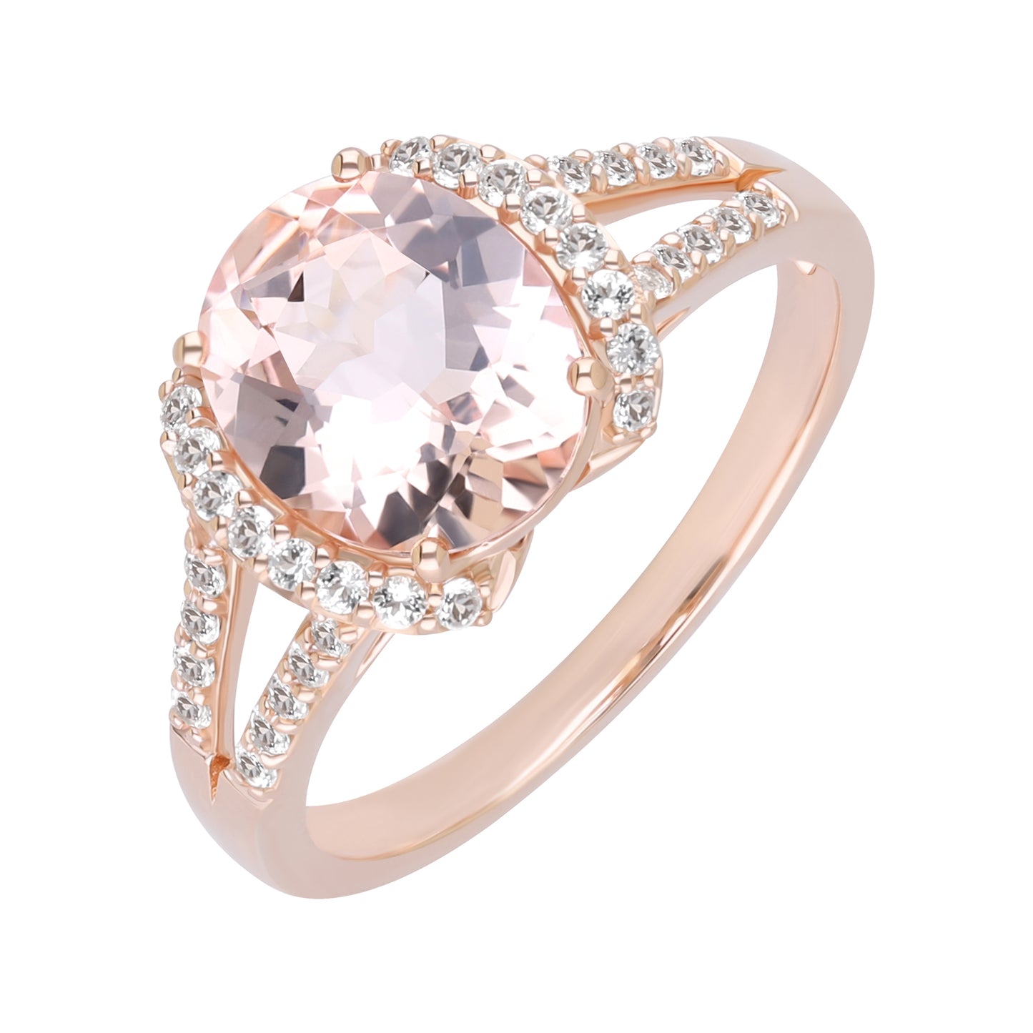 Novalty: Morganite Oval Cut 4-Prong Statement Ring with White Topaz Shoulders in 18K Rose Gold