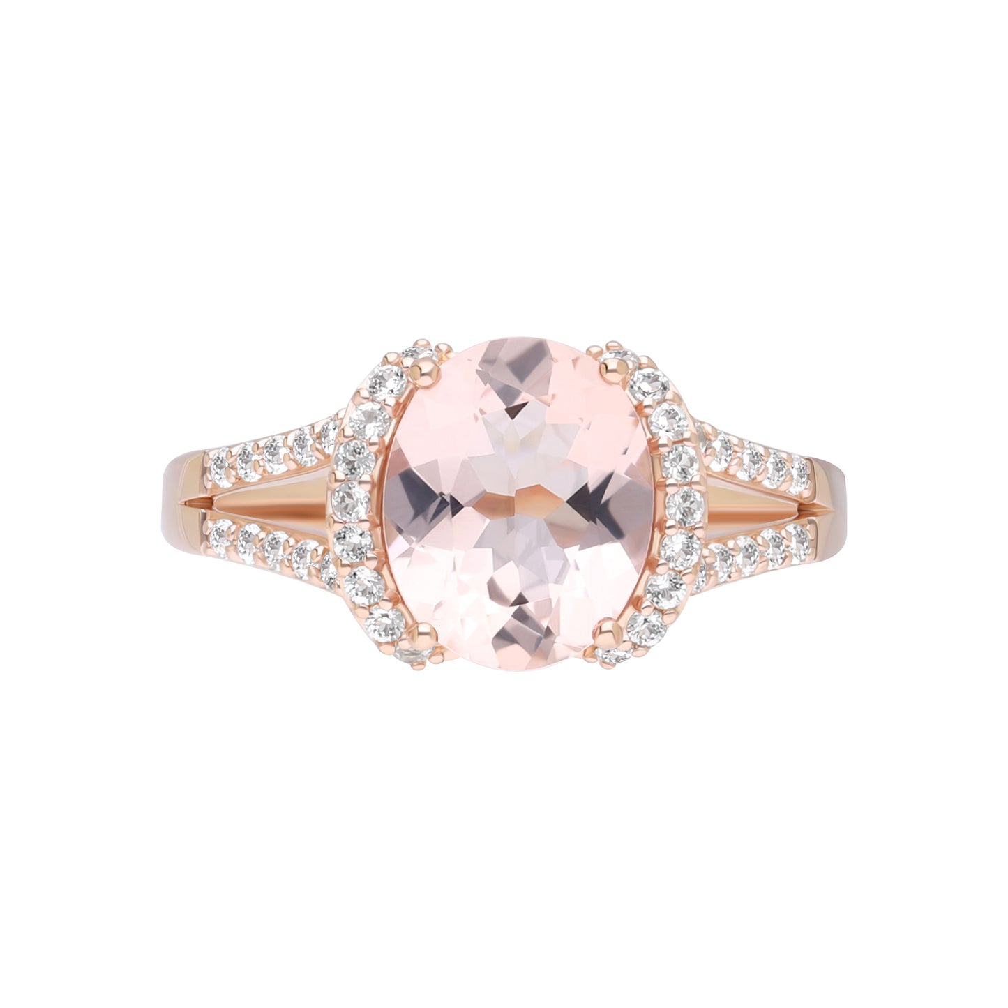 Novalty: Morganite Oval Cut 4-Prong Statement Ring with White Topaz Shoulders in 18K Rose Gold
