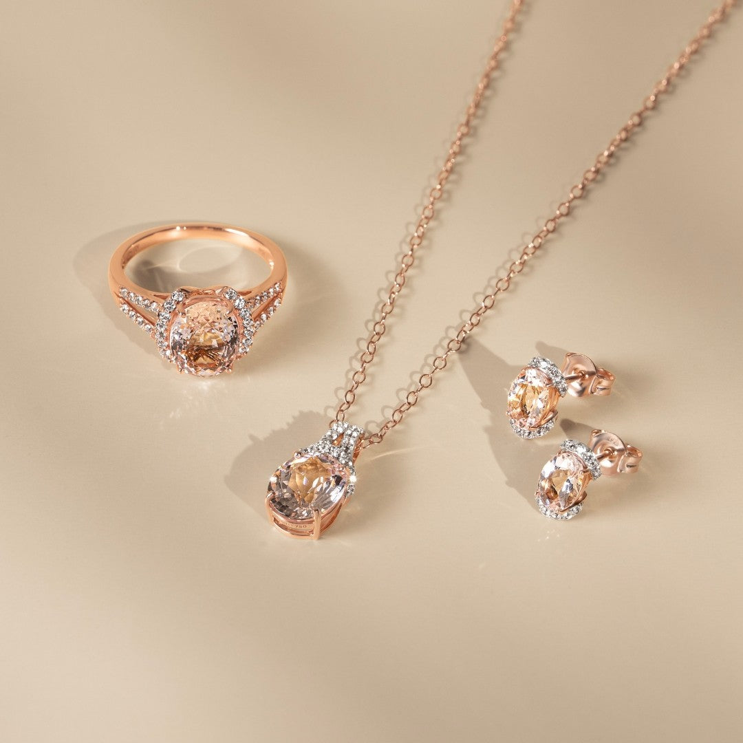 Novalty: Morganite Oval Cut 4-Prong Stud Earrings with White Topaz Accents in 18K Rose Gold