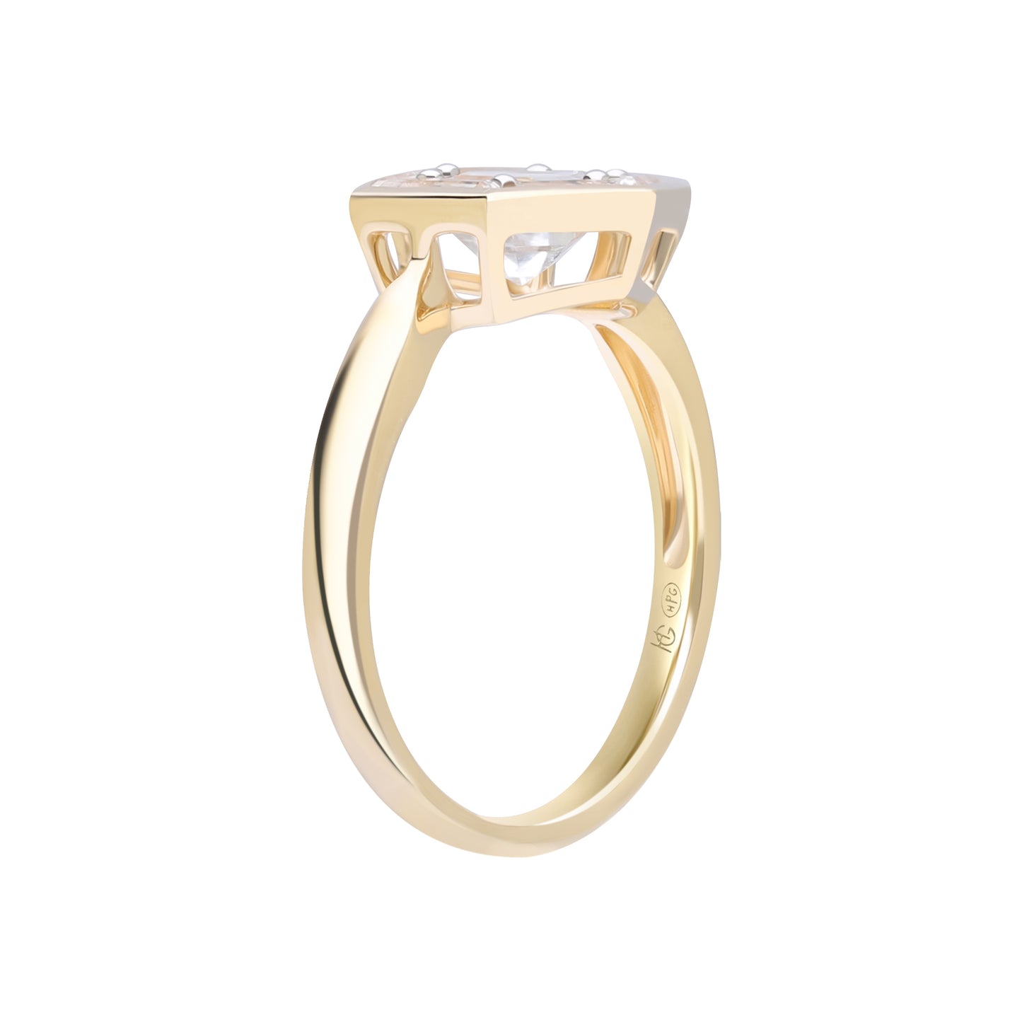 Puzzle: White Topaz Hexagon Cut 6-Prong and Bezel Set Statement Ring in 18K Yellow Gold
