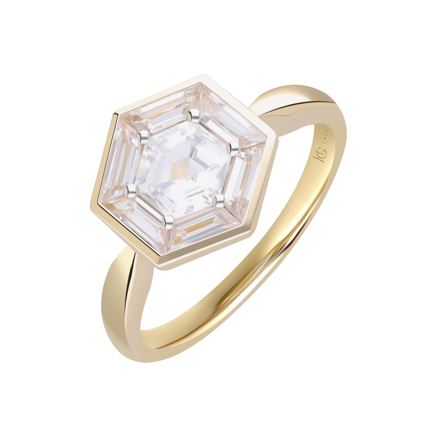 Puzzle: White Topaz Hexagon Cut 6-Prong and Bezel Set Statement Ring in 18K Yellow Gold