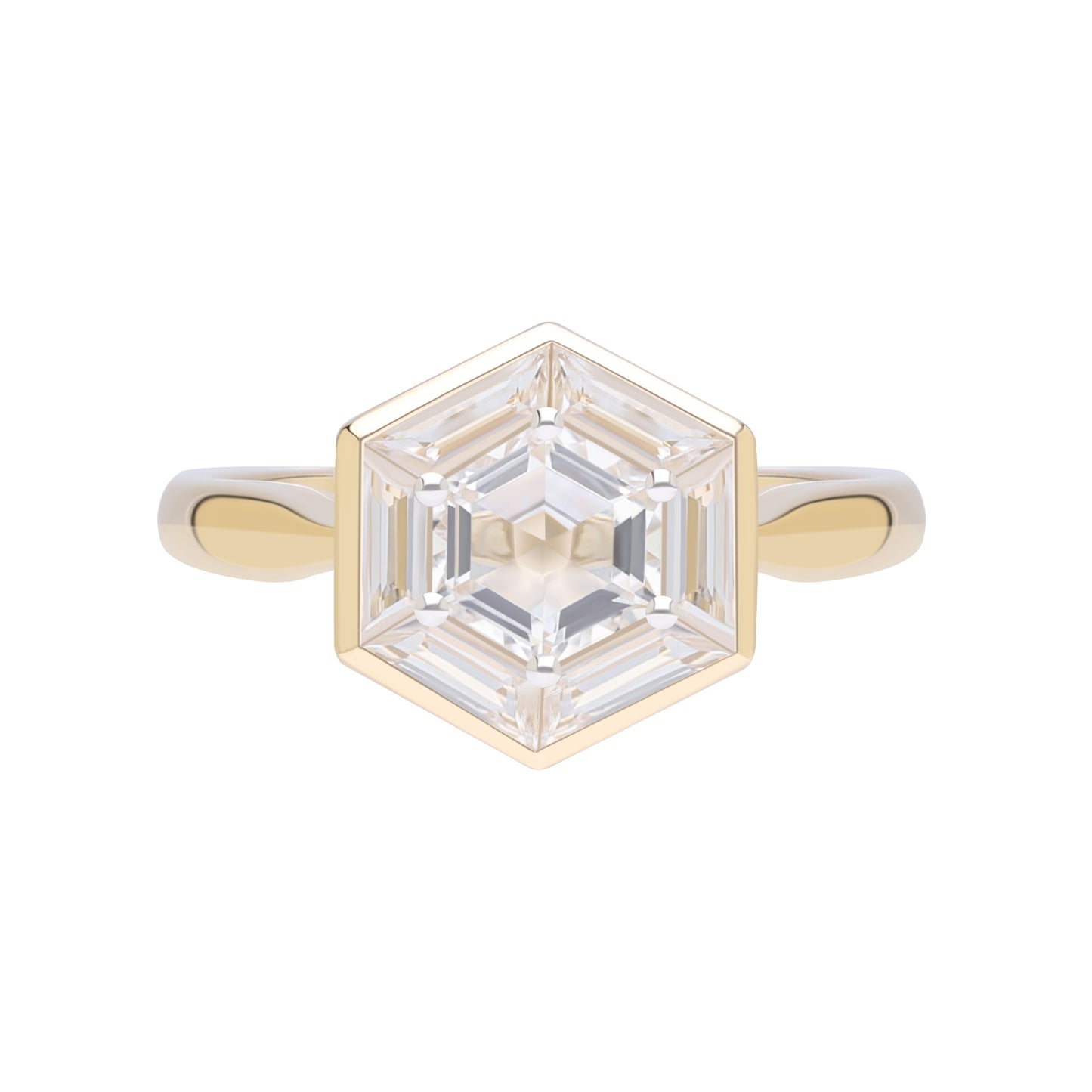 Puzzle: White Topaz Hexagon Cut 6-Prong and Bezel Set Statement Ring in 18K Yellow Gold