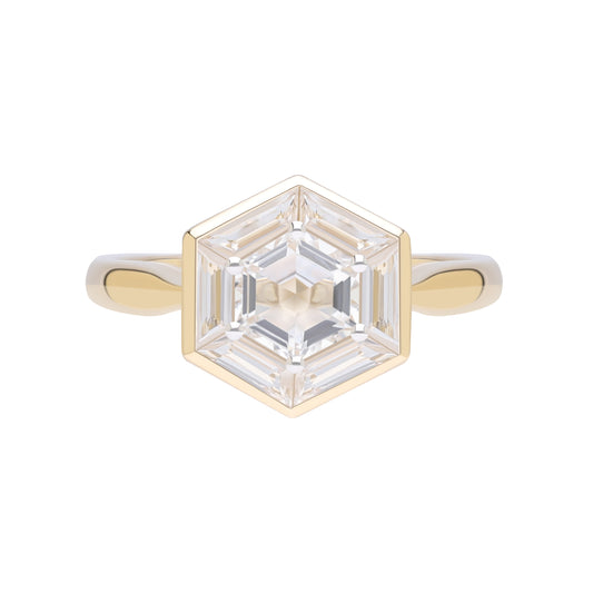 Puzzle: White Topaz Hexagon Cut 6-Prong and Bezel Set Statement Ring in 18K Yellow Gold