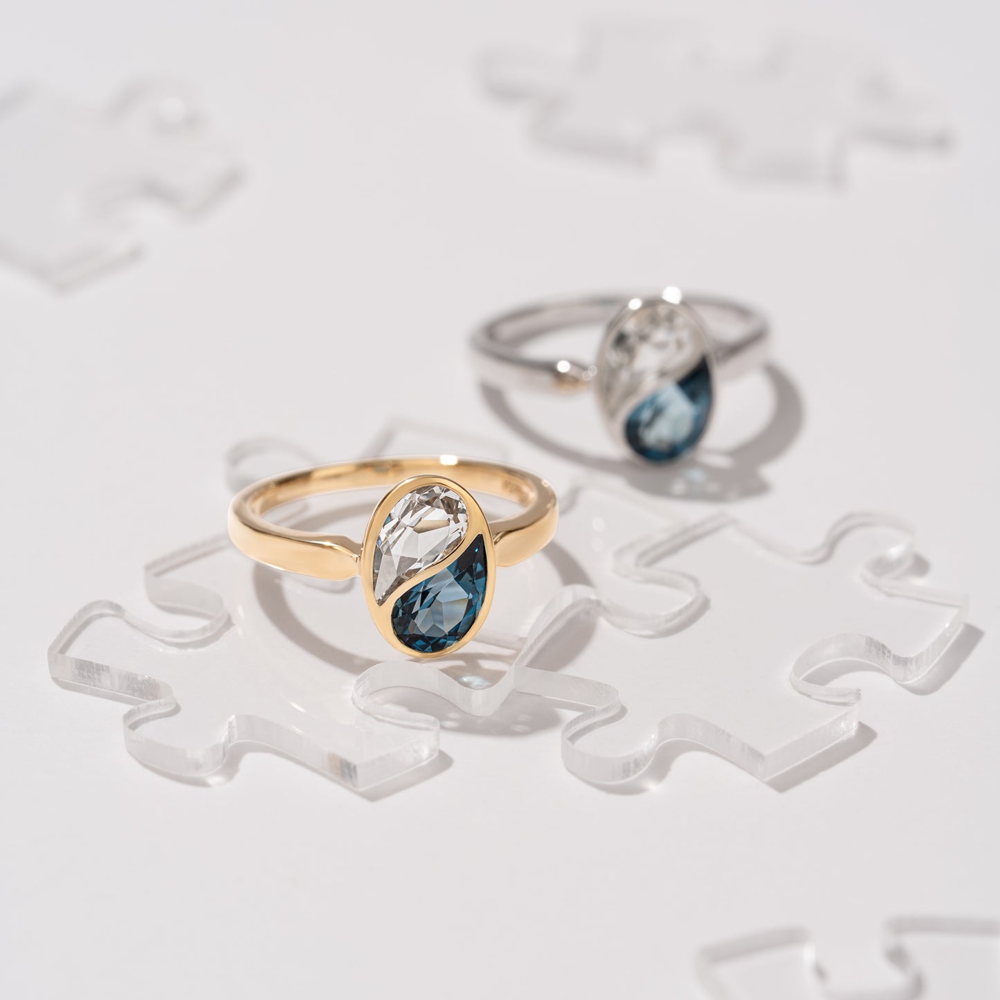 Puzzle: London Blue and White Topaz Special Cut Bezel Set Ring in 18K Yellow Gold