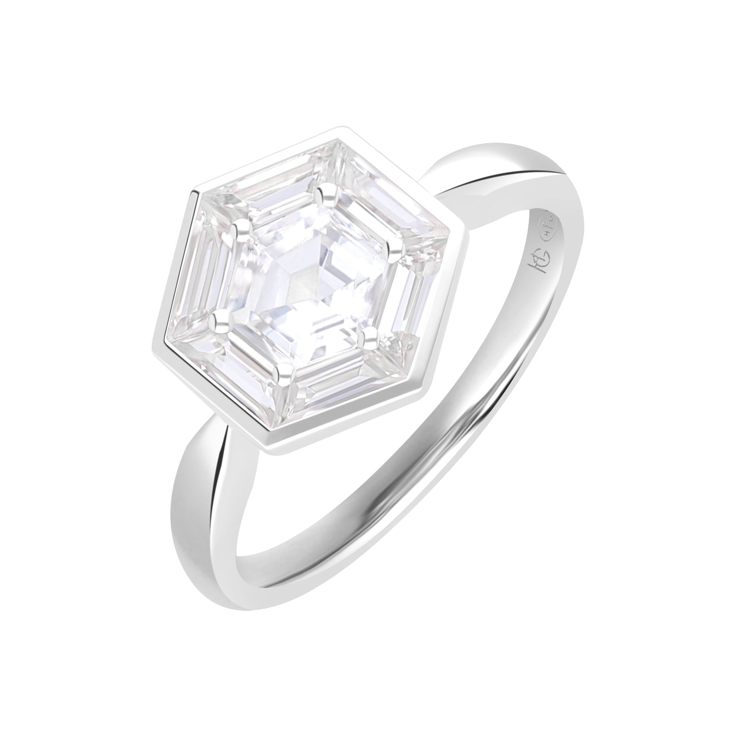Puzzle: White Topaz Hexagon Cut 6-Prong and Bezel Set Statement Ring in 18K White Gold