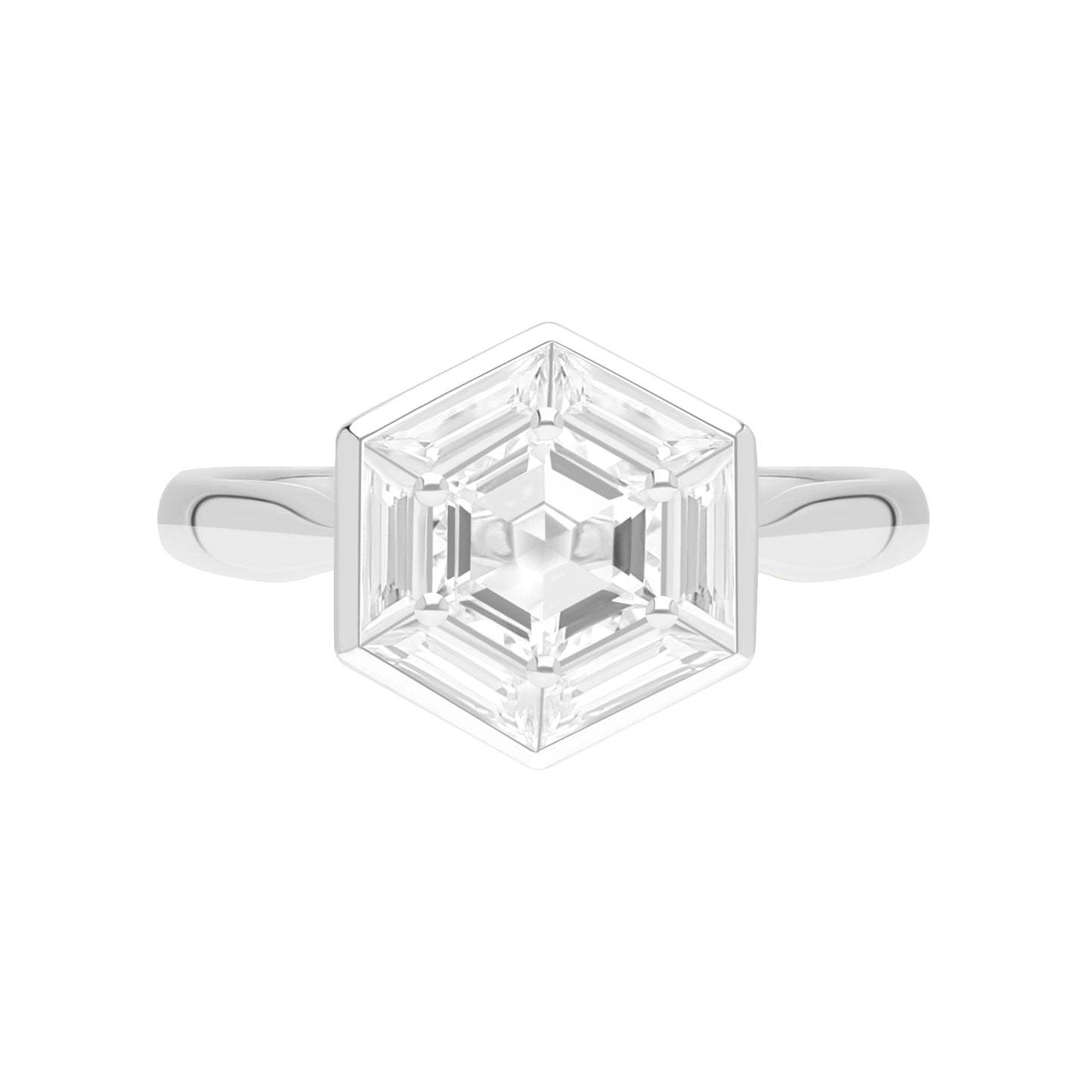 Puzzle: White Topaz Hexagon Cut 6-Prong and Bezel Set Statement Ring in 18K White Gold