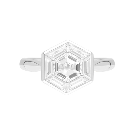 Puzzle: White Topaz Hexagon Cut 6-Prong and Bezel Set Statement Ring in 18K White Gold