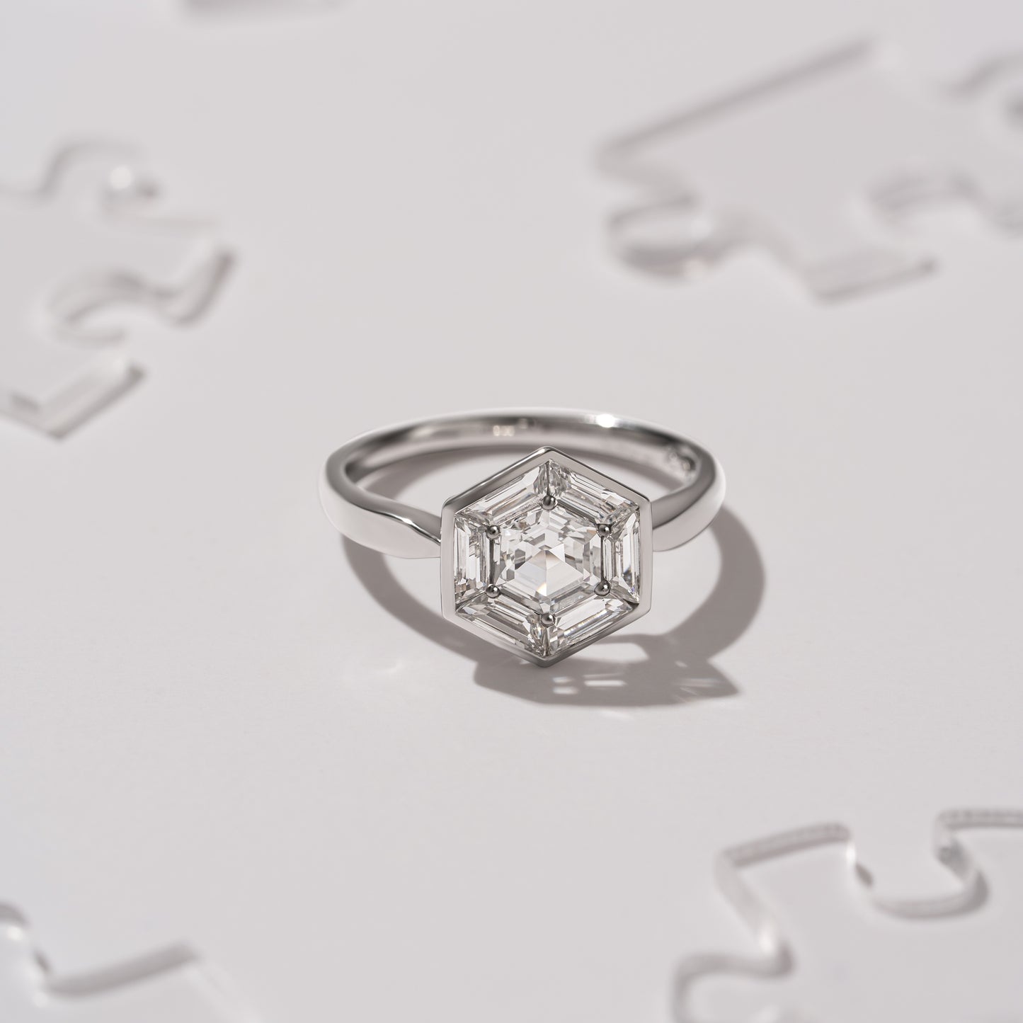 Puzzle: White Topaz Hexagon Cut 6-Prong and Bezel Set Statement Ring in 18K White Gold