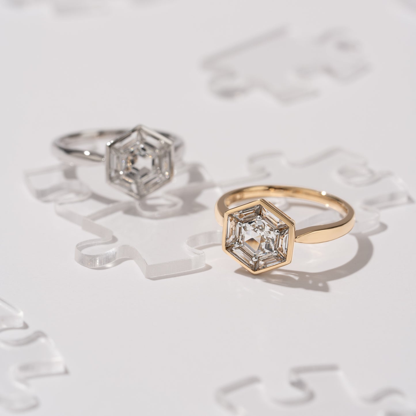Puzzle: White Topaz Hexagon Cut 6-Prong and Bezel Set Statement Ring in 18K White Gold