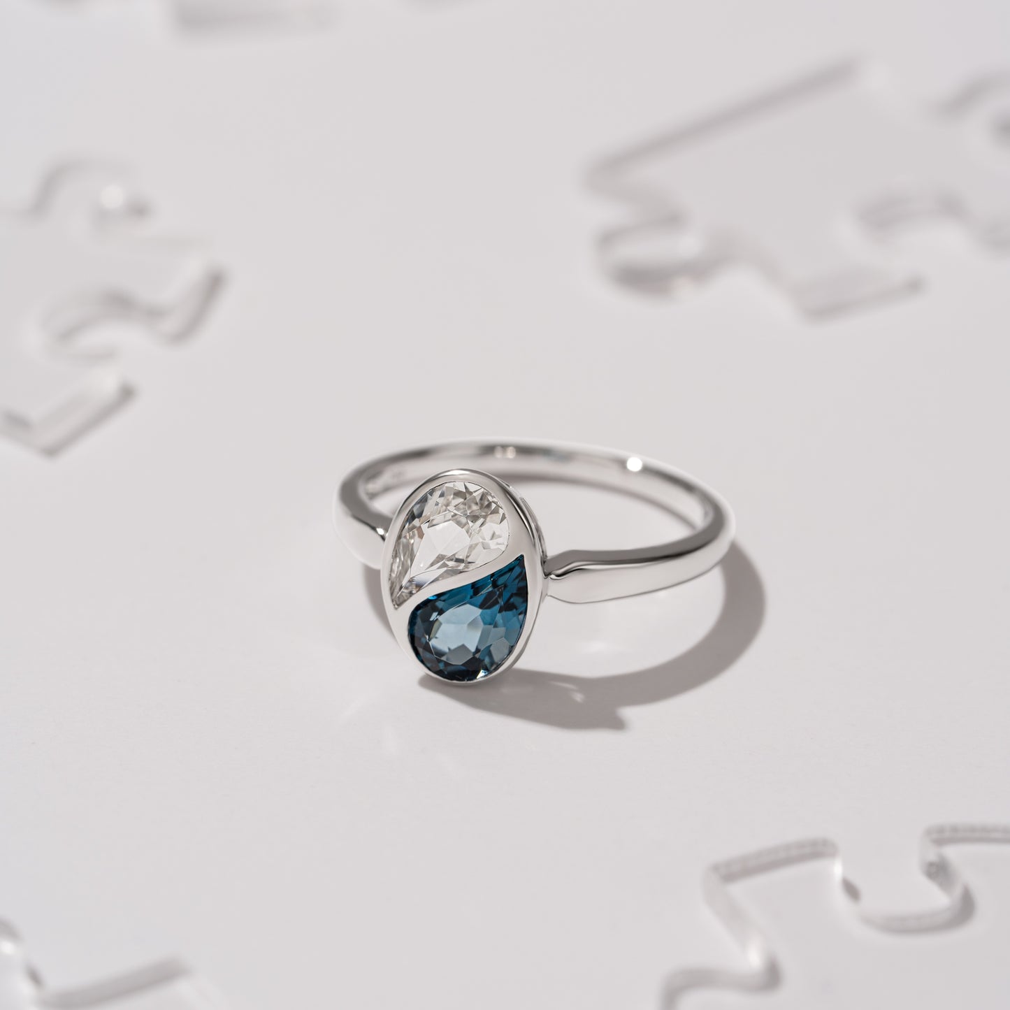 Puzzle: London Blue and White Topaz Special Cut Bezel Set Ring in 18K White Gold