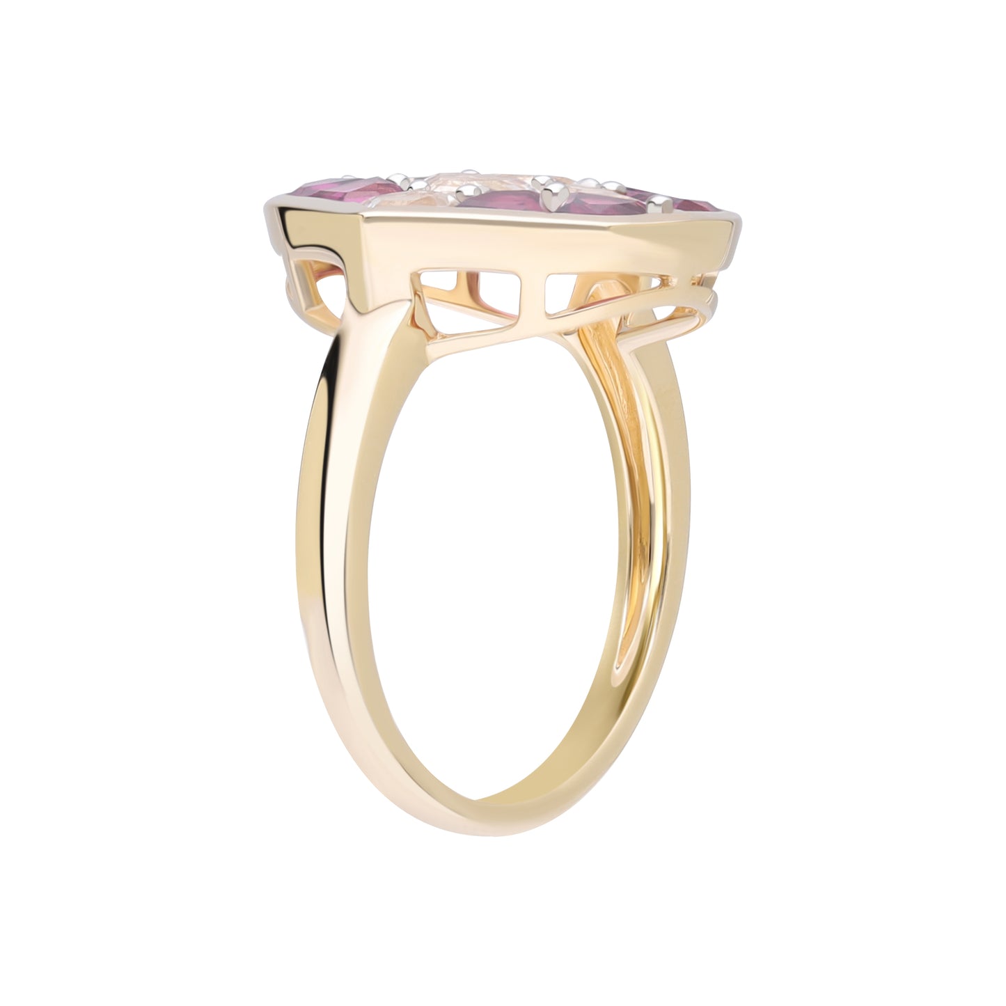 Puzzle: Rhodolite and White Topaz Multi-Shape 4-Prong Statement Ring in 18K Yellow Gold