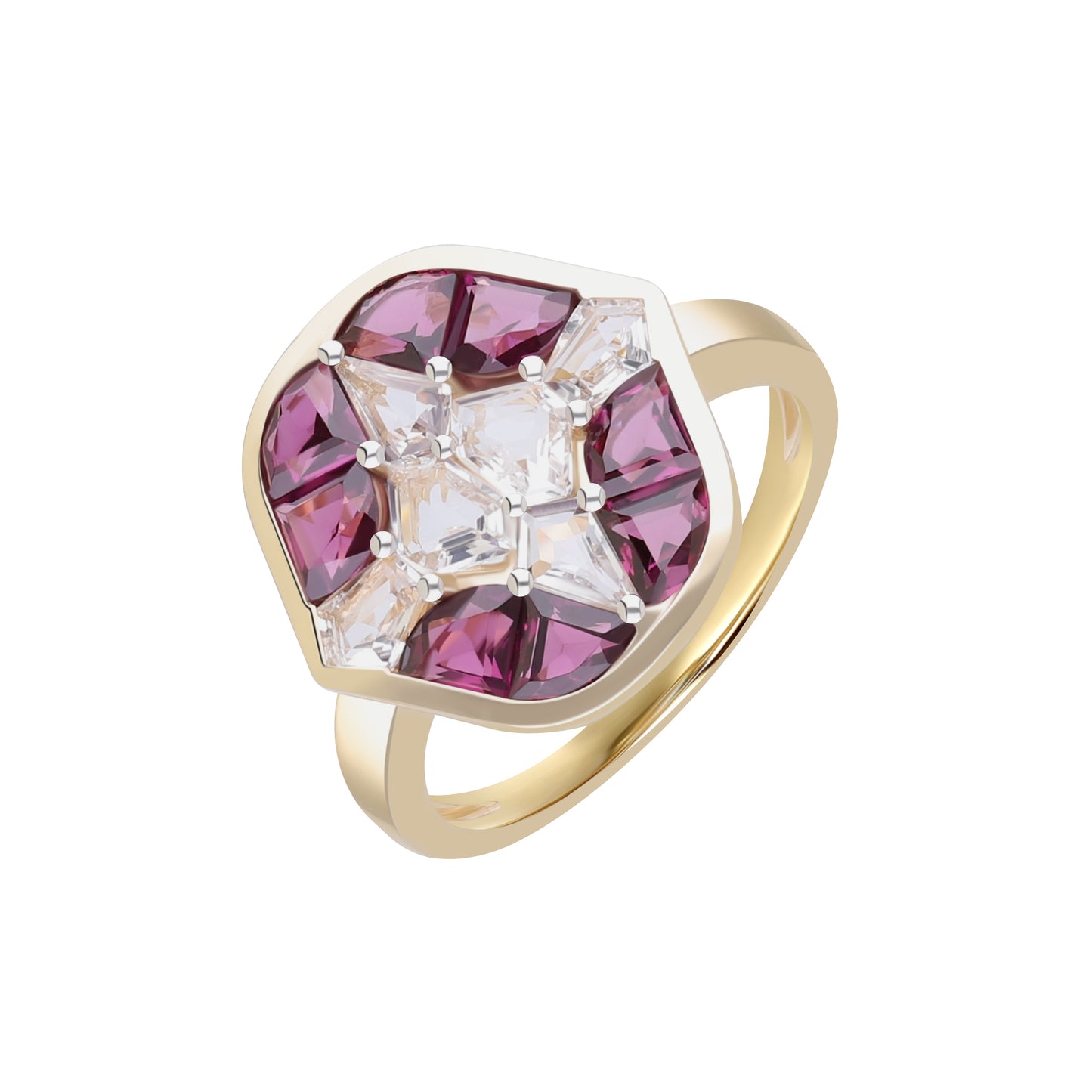 Puzzle: Rhodolite and White Topaz Multi-Shape 4-Prong Statement Ring in 18K Yellow Gold