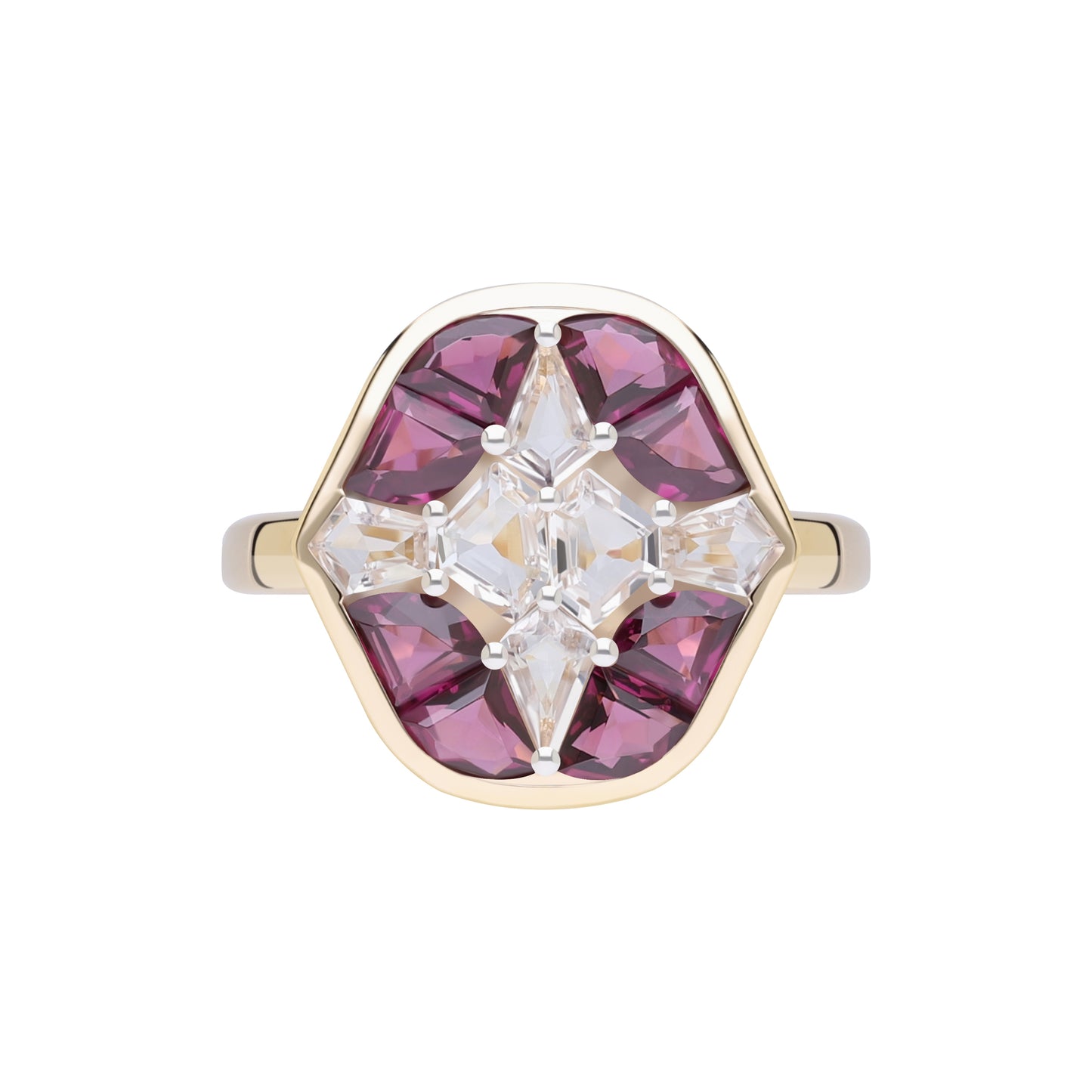 Puzzle: Rhodolite and White Topaz Multi-Shape 4-Prong Statement Ring in 18K Yellow Gold