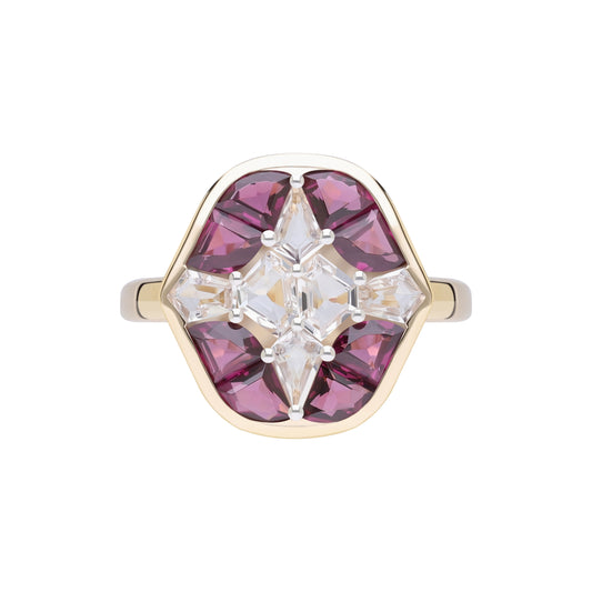 Puzzle: Rhodolite and White Topaz Multi-Shape 4-Prong Statement Ring in 18K Yellow Gold