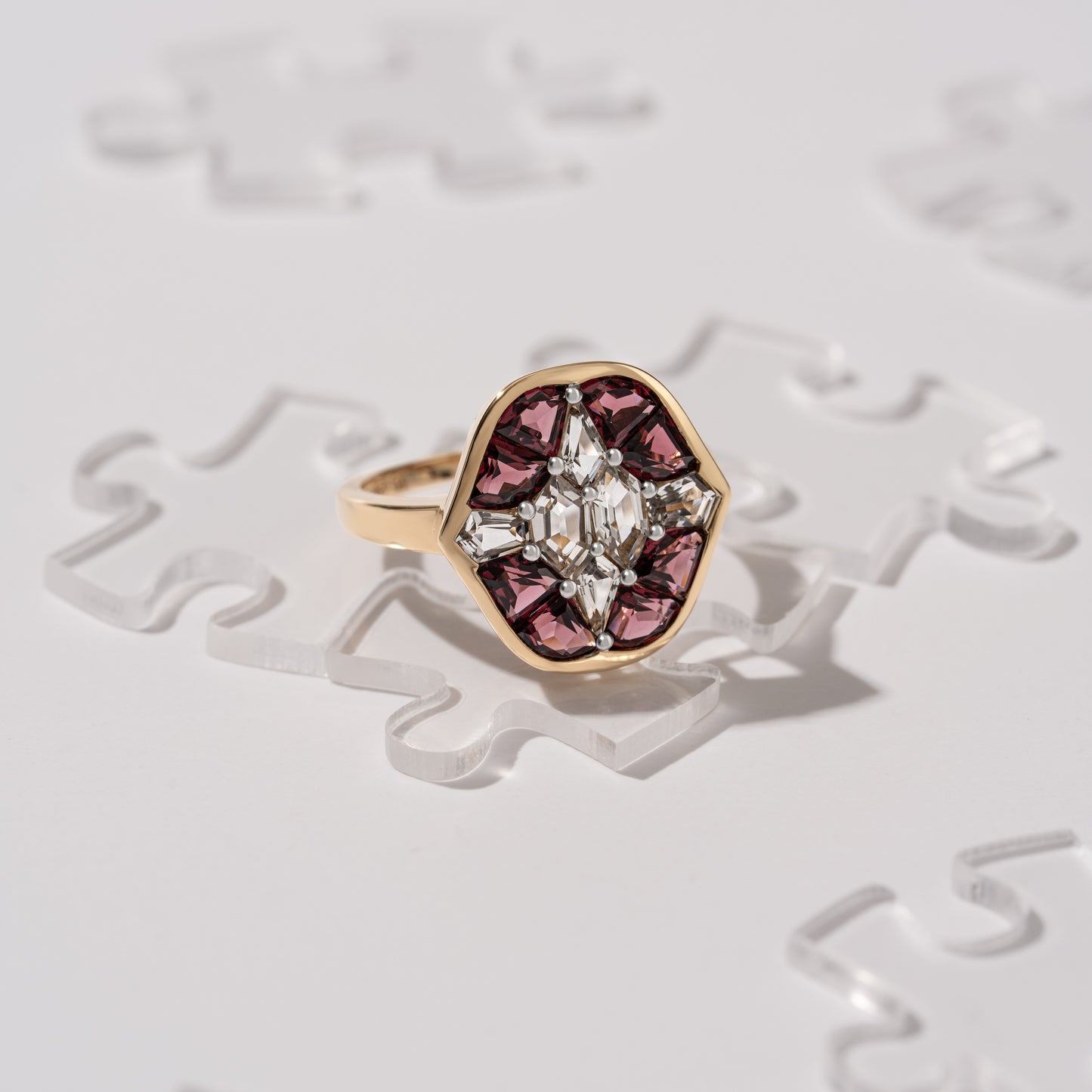Puzzle: Rhodolite and White Topaz Multi-Shape 4-Prong Statement Ring in 18K Yellow Gold