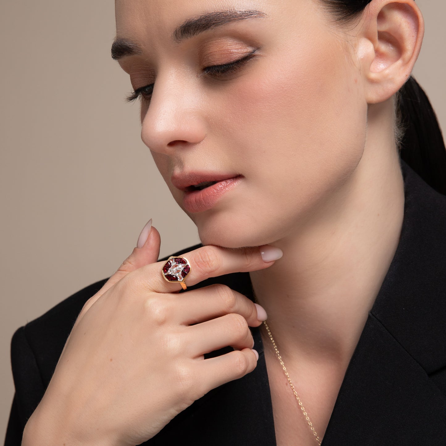 Puzzle: Rhodolite and White Topaz Multi-Shape 4-Prong Statement Ring in 18K Yellow Gold