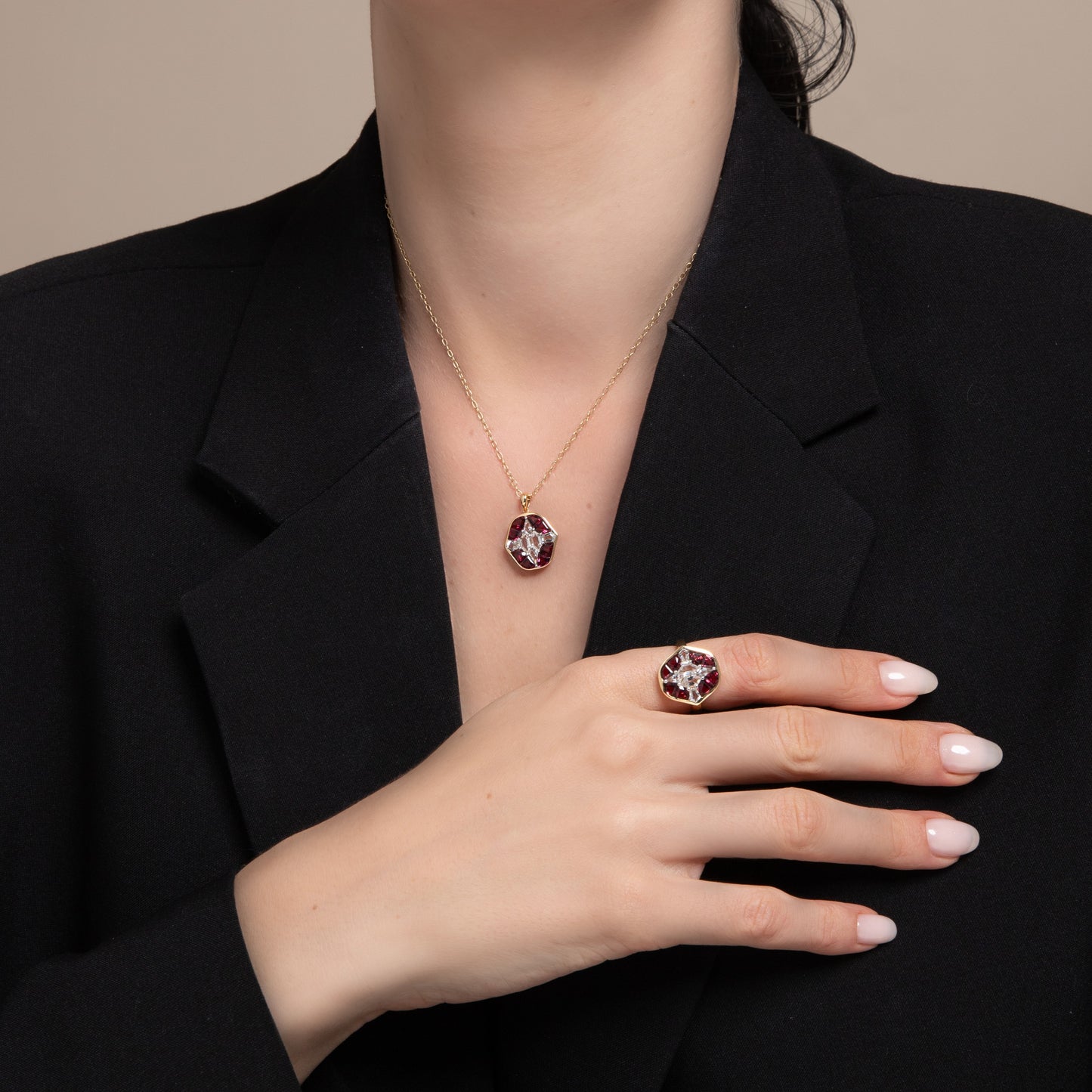 Puzzle: Rhodolite and White Topaz Multi-Shape 4-Prong Statement Ring in 18K Yellow Gold