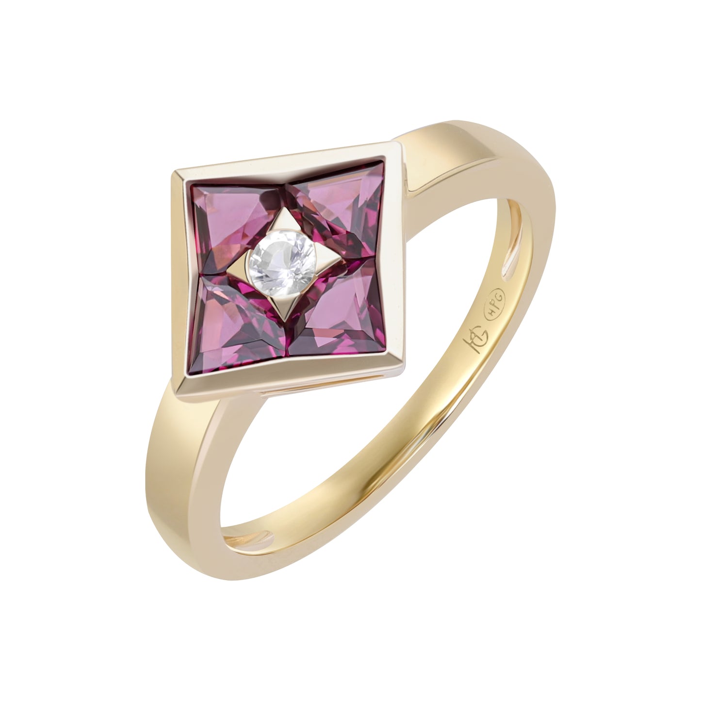 Puzzle: Rhodolite and White Topaz Multi-Shape Square Composite Statement Ring in 18K Yellow Gold