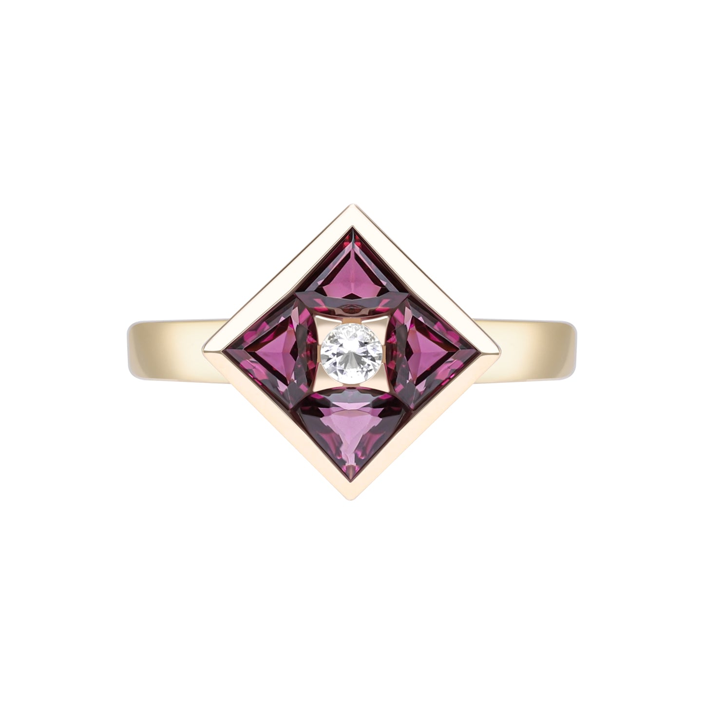 Puzzle: Rhodolite and White Topaz Multi-Shape Square Composite Statement Ring in 18K Yellow Gold