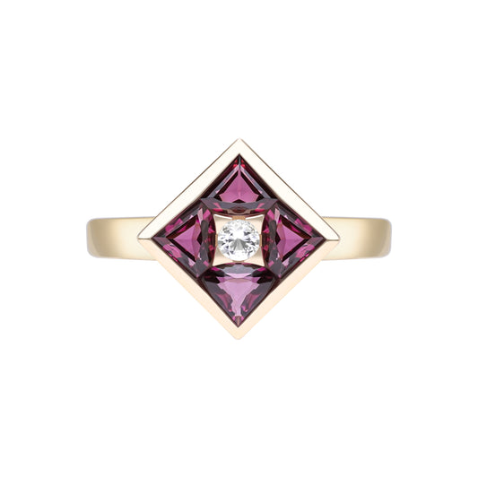 Puzzle: Rhodolite and White Topaz Multi-Shape Square Composite Statement Ring in 18K Yellow Gold