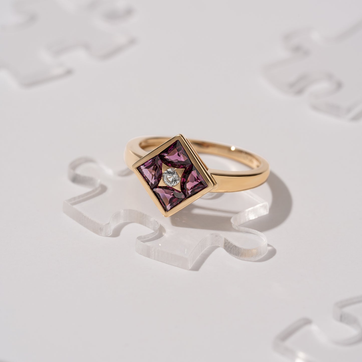 Puzzle: Rhodolite and White Topaz Multi-Shape Square Composite Statement Ring in 18K Yellow Gold