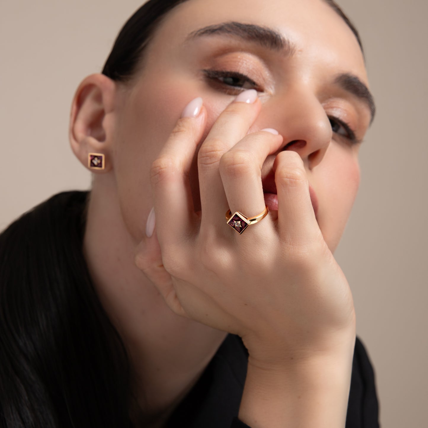 Puzzle: Rhodolite and White Topaz Multi-Shape Square Composite Statement Ring in 18K Yellow Gold