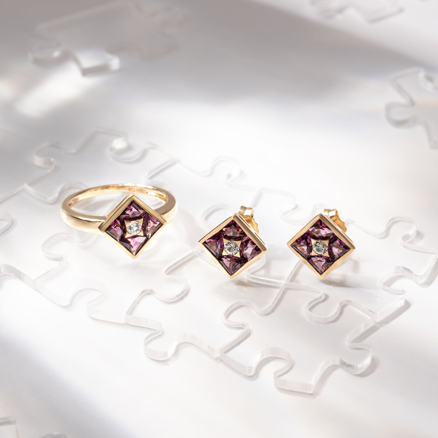 Puzzle: Rhodolite and White Topaz Multi-Shape Square Composite Statement Ring in 18K Yellow Gold