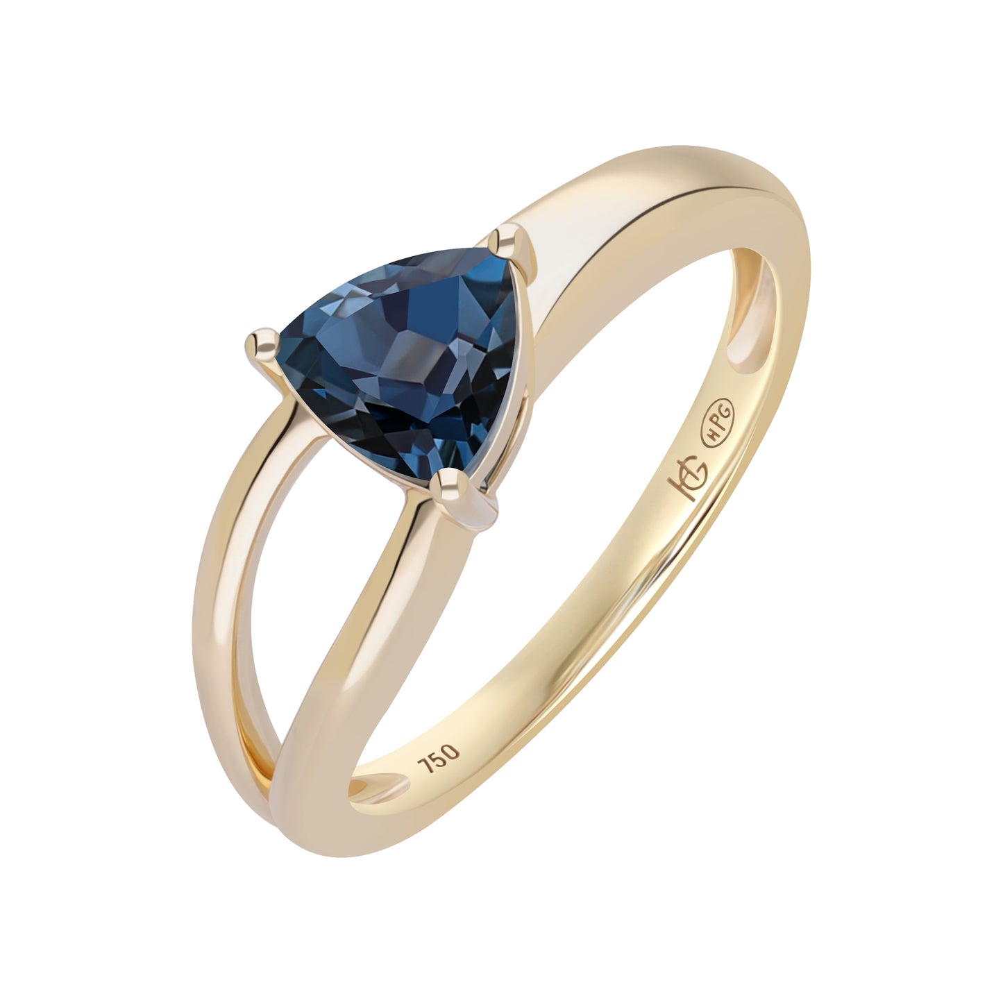 Le Petite Folie: London Blue Topaz Trillion Cut 3-Prong Ring in 18K Yellow Gold