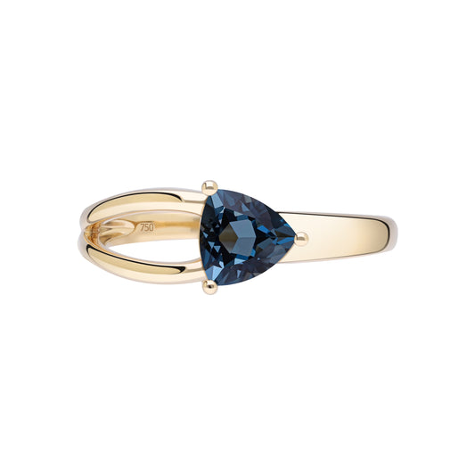 Le Petite Folie: London Blue Topaz Trillion Cut 3-Prong Ring in 18K Yellow Gold