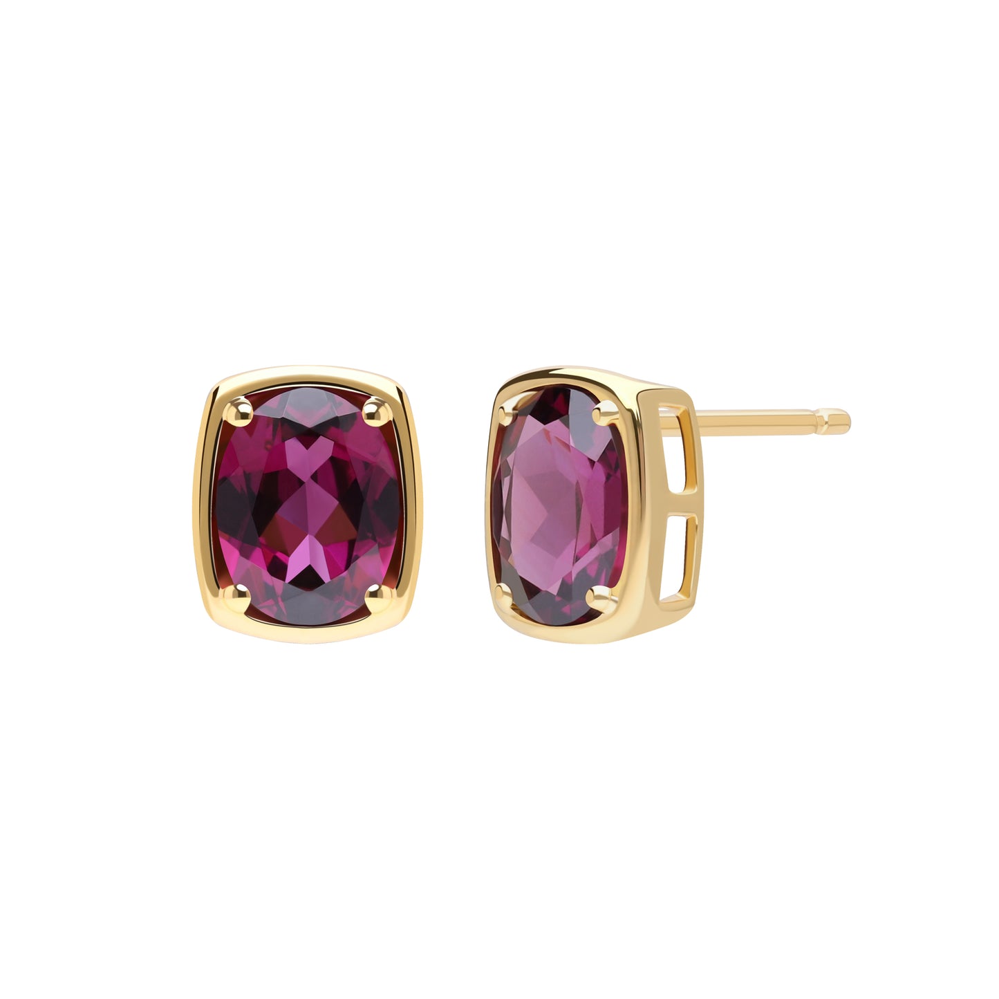 Le Petite Folie: Rhodolite Garnet Oval Cut 4-Prong Stud Earrings in Gold Plated 925 Sterling Silver