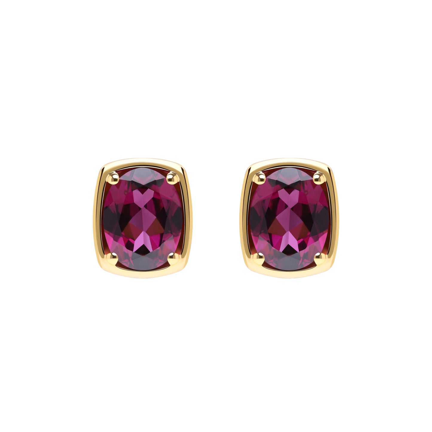 Le Petite Folie: Rhodolite Garnet Oval Cut 4-Prong Stud Earrings in Gold Plated 925 Sterling Silver