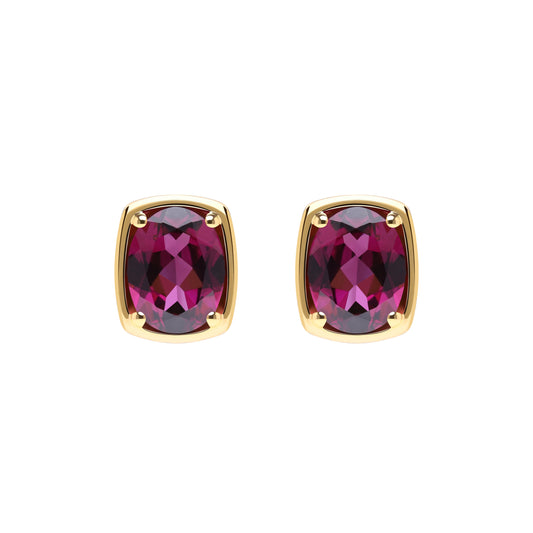 Le Petite Folie: Rhodolite Garnet Oval Cut 4-Prong Stud Earrings in Gold Plated 925 Sterling Silver