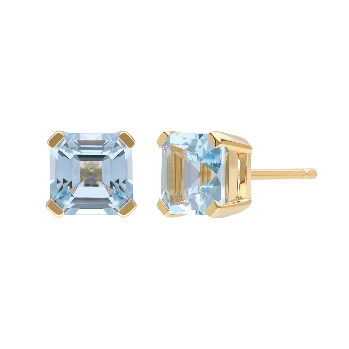 Le Petite Folie: Light Blue Topaz Princess Cut 4-Prong Stud Earrings in Gold Plated 925 Sterling Silver