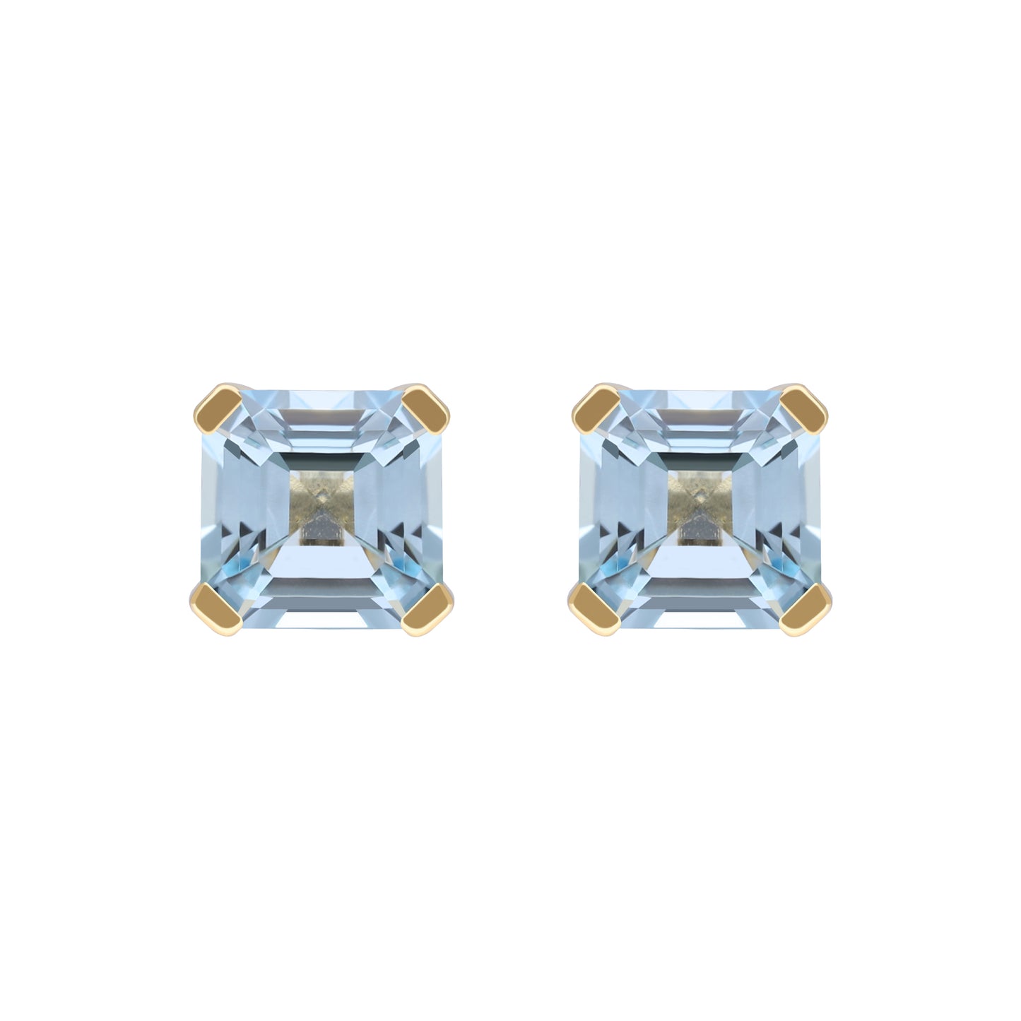 Le Petite Folie: Light Blue Topaz Princess Cut 4-Prong Stud Earrings in Gold Plated 925 Sterling Silver