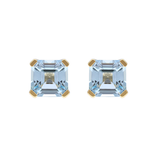 Le Petite Folie: Light Blue Topaz Princess Cut 4-Prong Stud Earrings in Gold Plated 925 Sterling Silver
