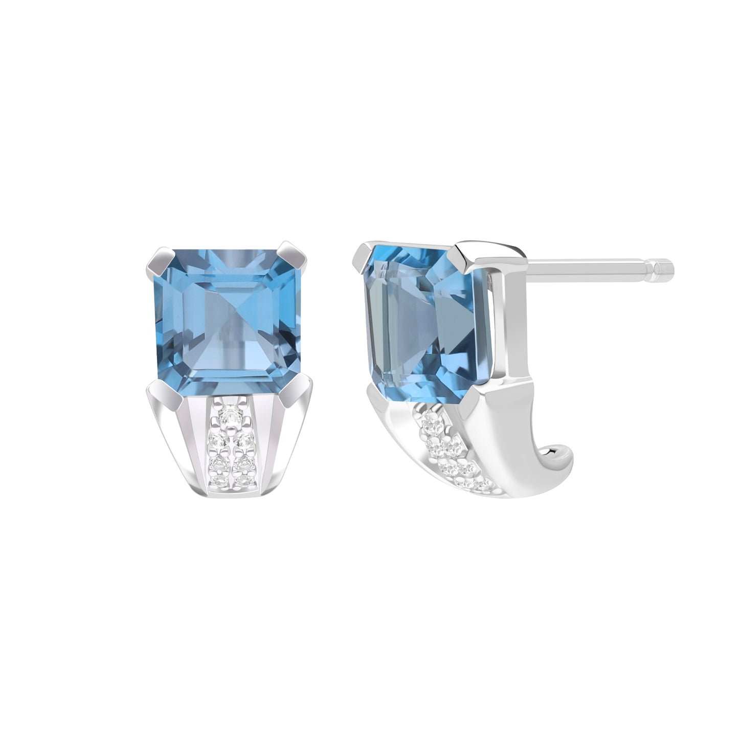 Le Petite Folie: London Blue Topaz Emerald Cut 4-Prong Ear Huggie Studs with White Topaz Accents in Rhodium Plated 925 Silver