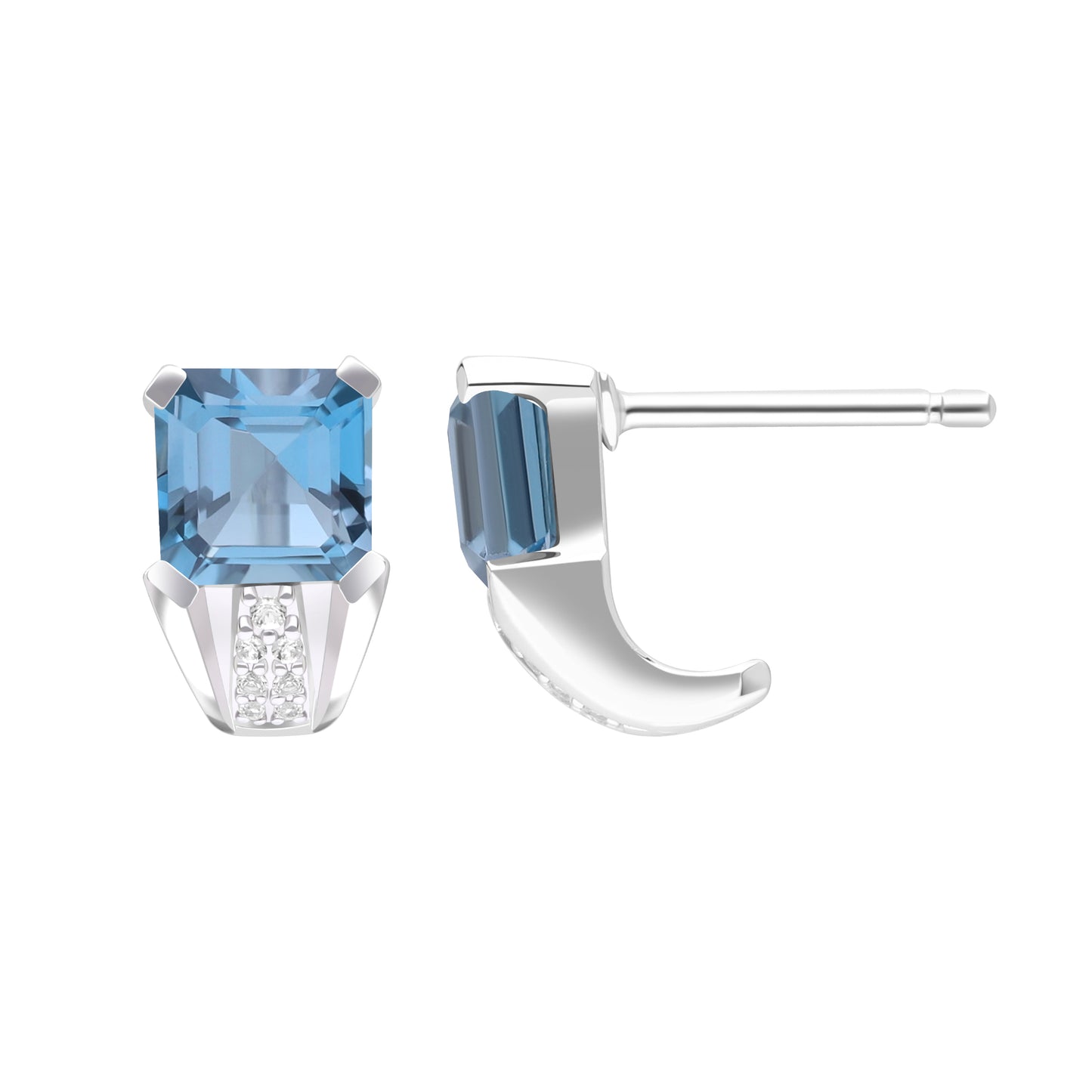 Le Petite Folie: London Blue Topaz Emerald Cut 4-Prong Ear Huggie Studs with White Topaz Accents in Rhodium Plated 925 Silver