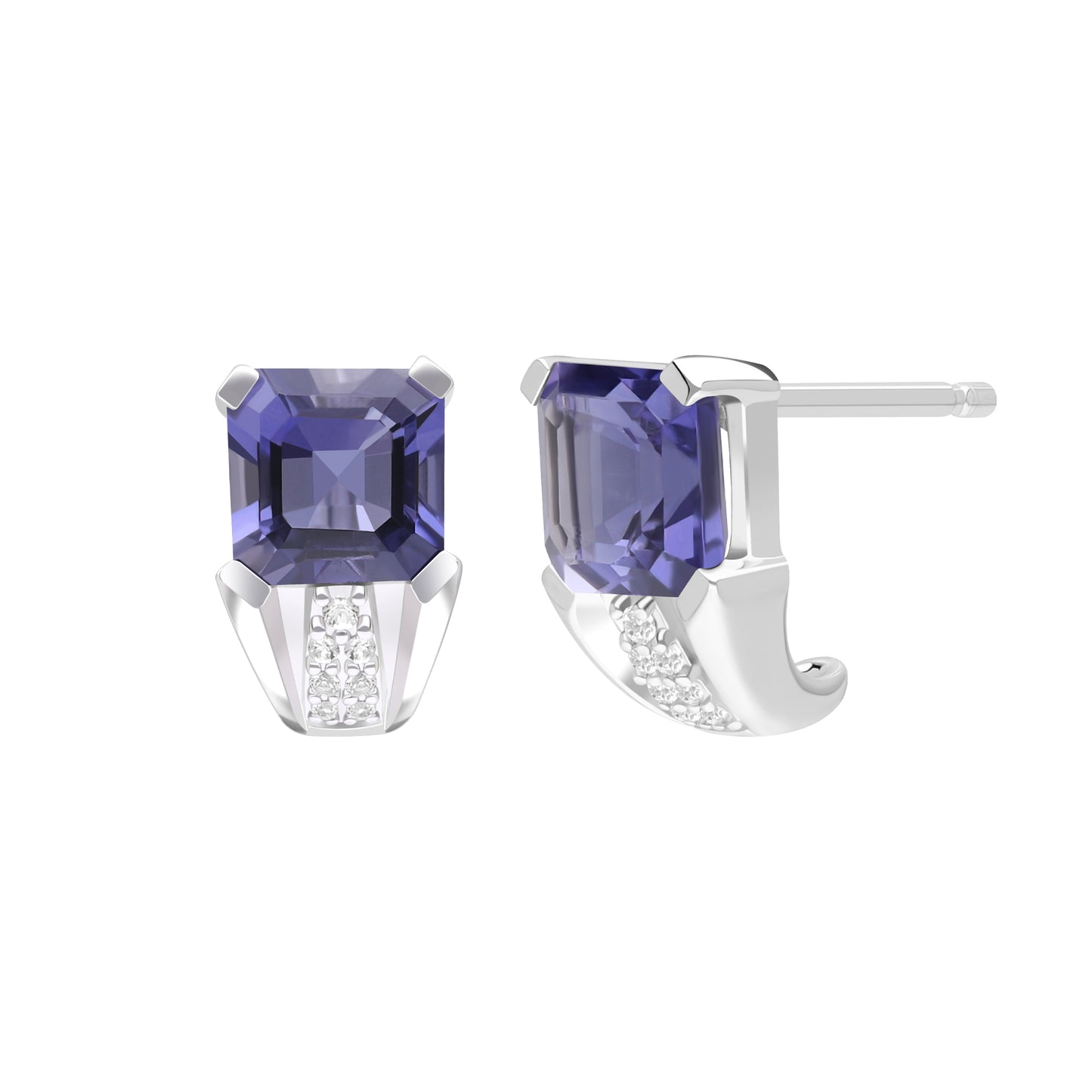 Le Petite Folie: Iolite Emerald Cut 4-Prong Ear Huggie Studs with White Topaz Accents in Rhodium Plated 925 Silver